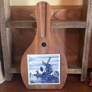 Wooden 1960s Vintage Cheese Paddle with Windmill Tile
